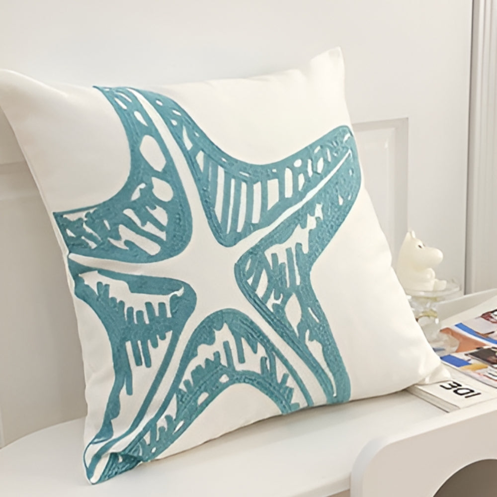 Cushion Cover Embroidered Ocean Design Cotton Linen Zipper