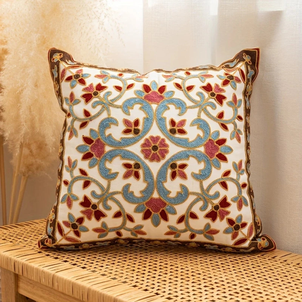 Cushion Cover Embroidered Vintage Floral Microfiber Blend & Zip Closure