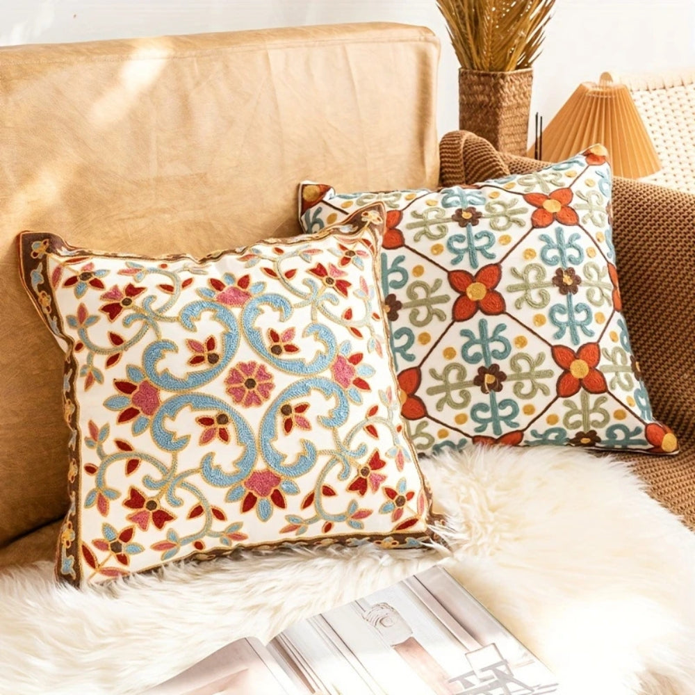 Cushion Cover Embroidered Vintage Floral Microfiber Blend & Zip Closure