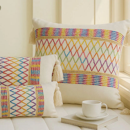 Cushion Cover Microfiber Rainbow Lattice Tassels