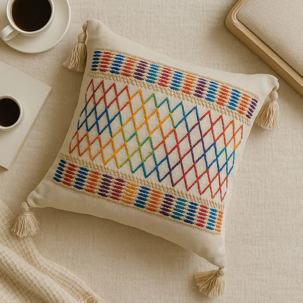 Cushion Cover Microfiber Rainbow Lattice Tassels