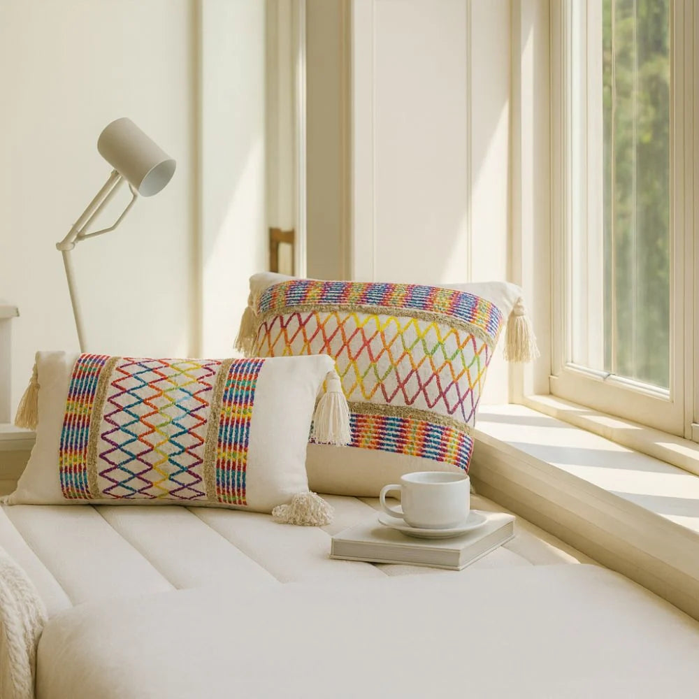 Cushion Cover Microfiber Rainbow Lattice Tassels