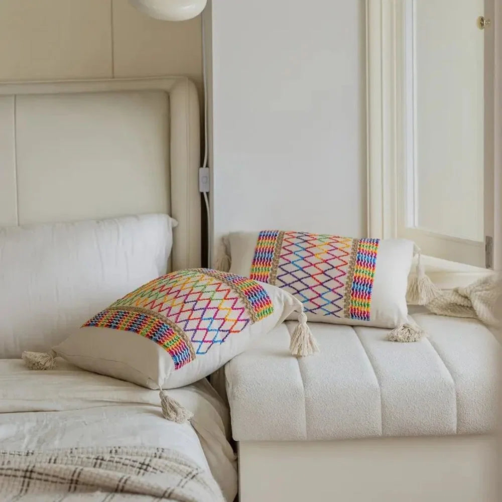 Cushion Cover Microfiber Rainbow Lattice Tassels