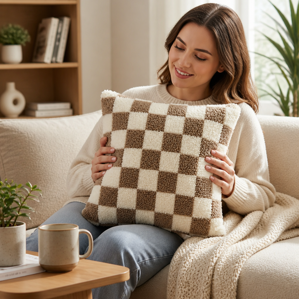 Cushion Cover Plush Checkerboard Concealed Zipper