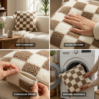 Cushion Cover Plush Checkerboard Concealed Zipper