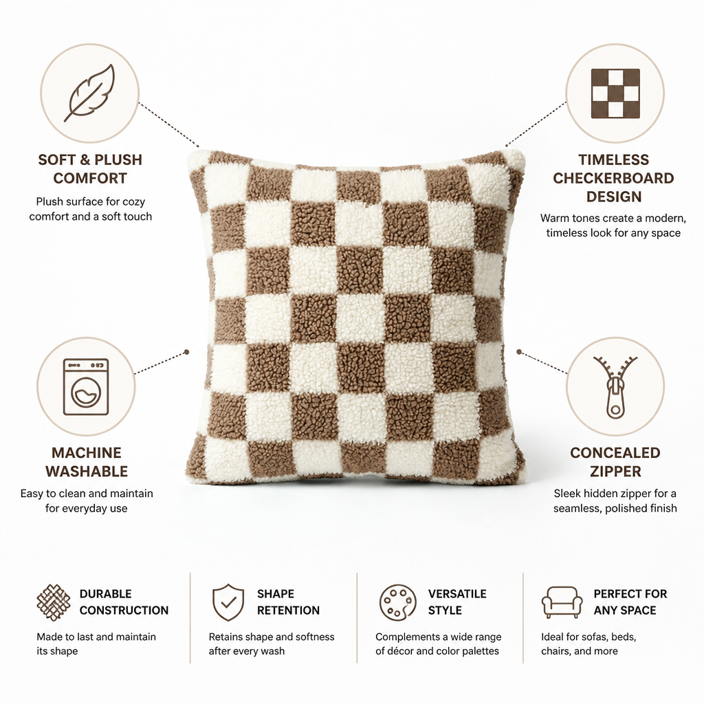 Cushion Cover Plush Checkerboard Concealed Zipper