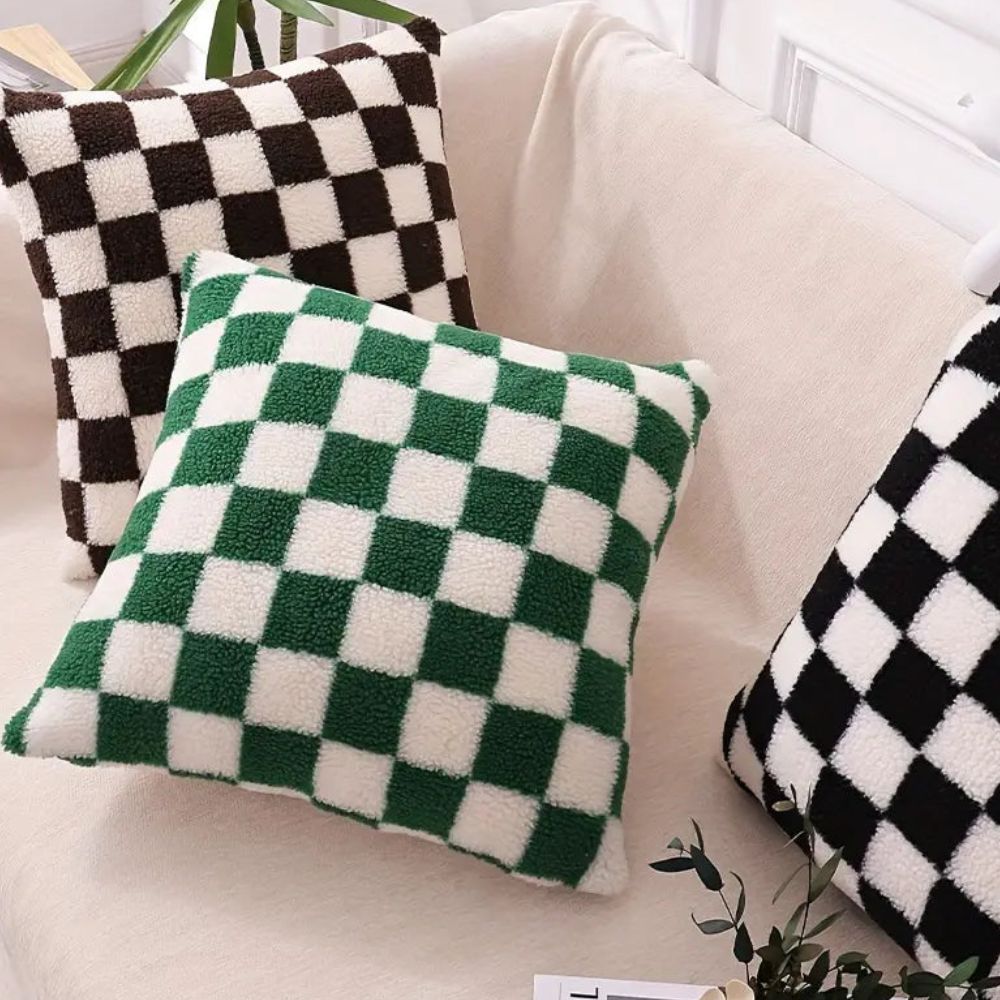 Cushion Cover Plush Faux Fur Checkerboard Concealed Zipper
