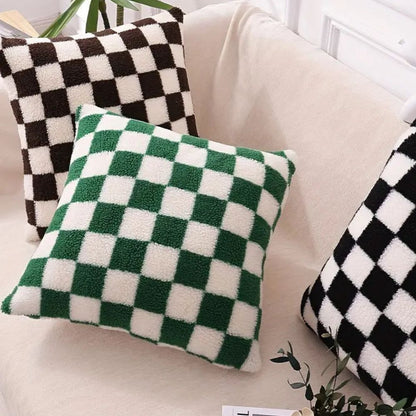 Cushion Cover Plush Faux Fur Checkerboard Concealed Zipper