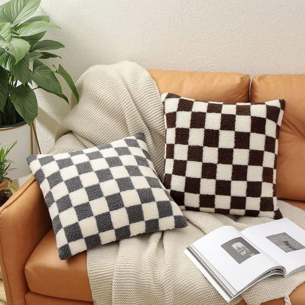 Cushion Cover Plush Faux Fur Checkerboard Concealed Zipper