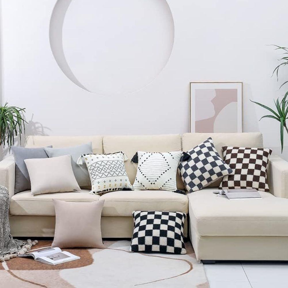Cushion Cover Plush Faux Fur Checkerboard Concealed Zipper