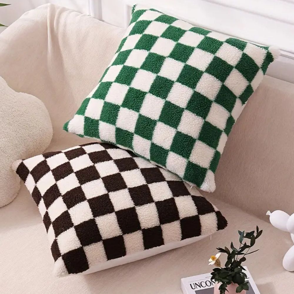 Cushion Cover Plush Faux Fur Checkerboard Concealed Zipper