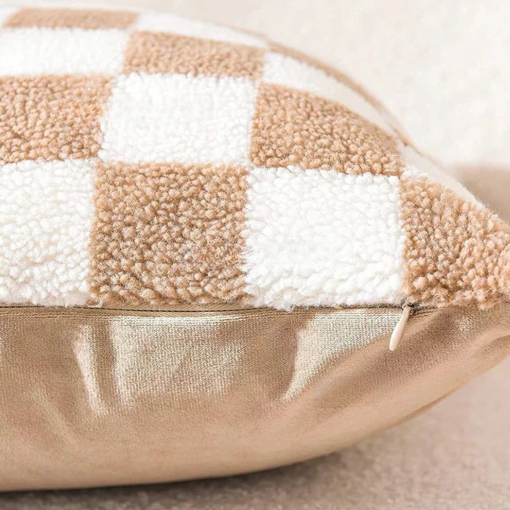 Cushion Cover Plush Faux Fur Checkerboard Concealed Zipper