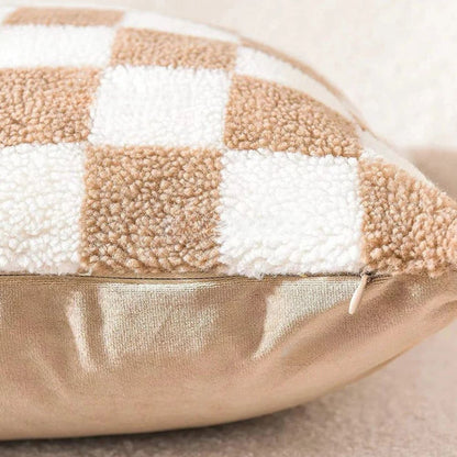 Cushion Cover Plush Faux Fur Checkerboard Concealed Zipper