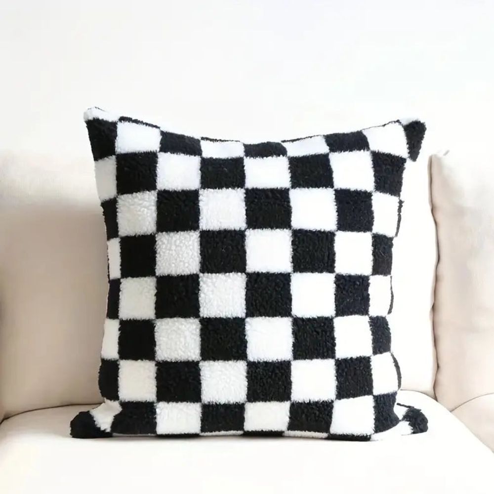 Cushion Cover Plush Faux Fur Checkerboard Concealed Zipper
