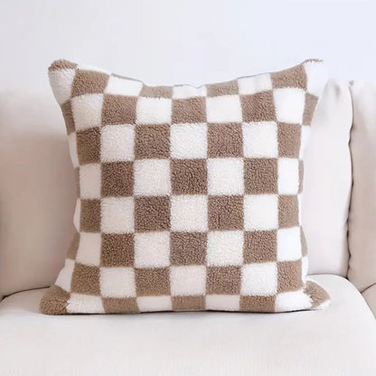 Cushion Cover Plush Faux Fur Checkerboard Concealed Zipper