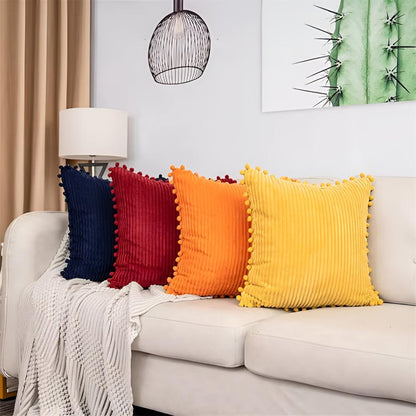 Cushion Cover Plush Ribbed Pom-Pom Trim Machine Washable