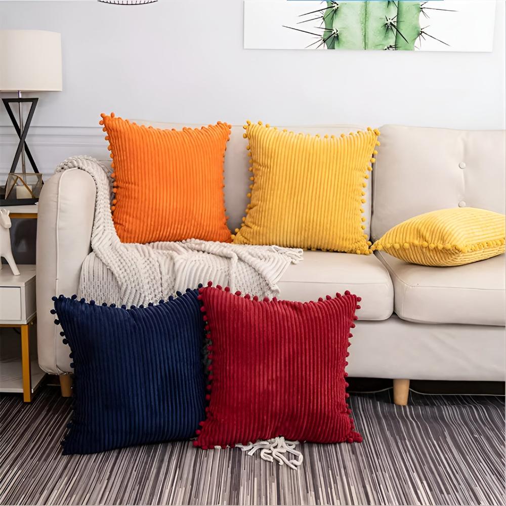 Cushion Cover Plush Ribbed Pom-Pom Trim Machine Washable