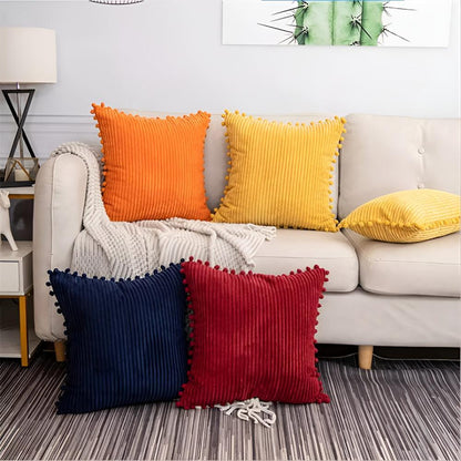 Cushion Cover Plush Ribbed Pom-Pom Trim Machine Washable