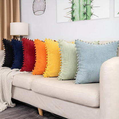 Cushion Cover Plush Ribbed Pom-Pom Trim Machine Washable