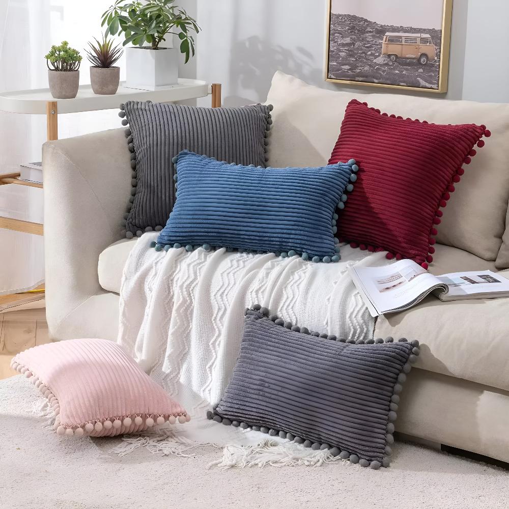 Cushion Cover Plush Ribbed Pom-Pom Trim Machine Washable