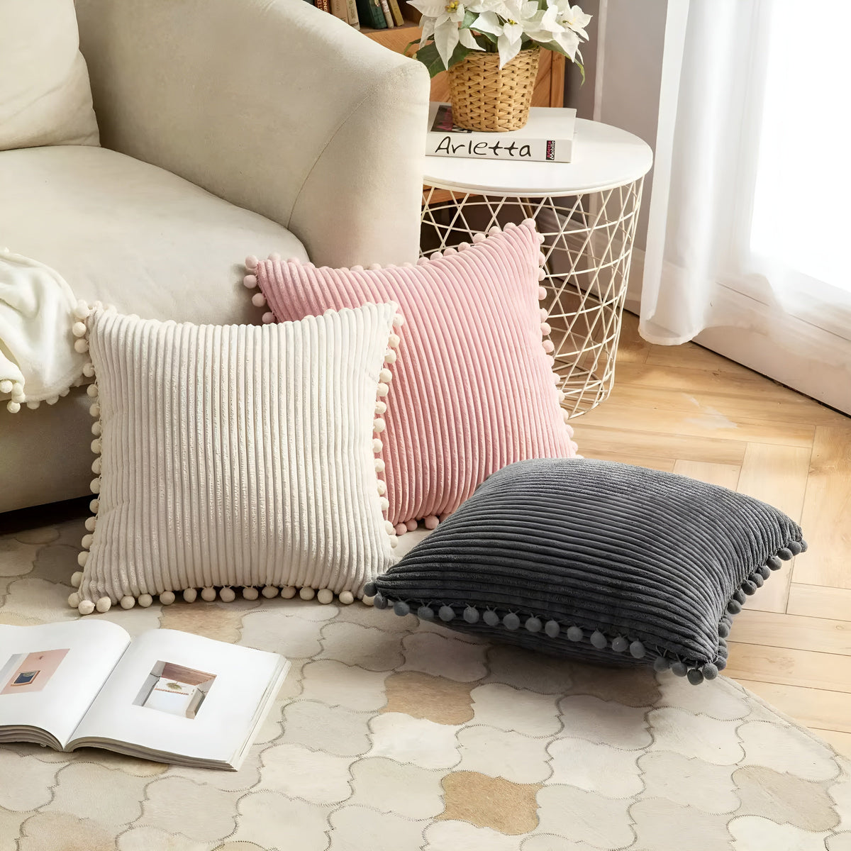 Cushion Cover Plush Ribbed Pom-Pom Trim Machine Washable