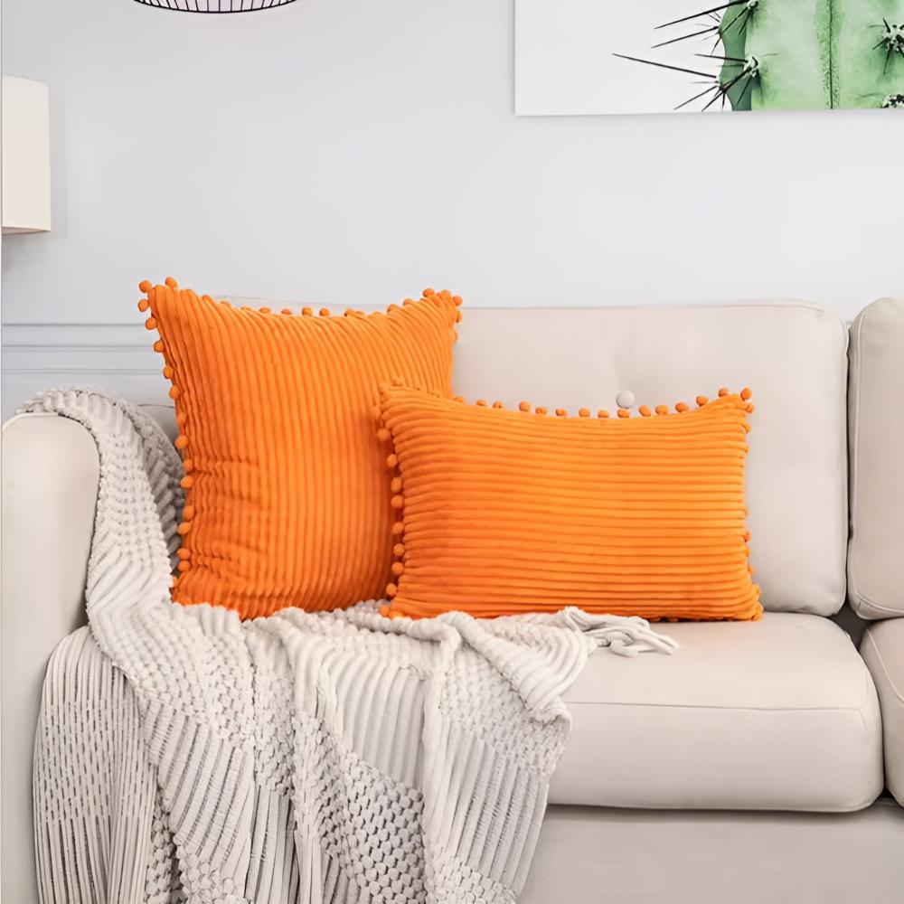 Cushion Cover Plush Ribbed Pom-Pom Trim Machine Washable