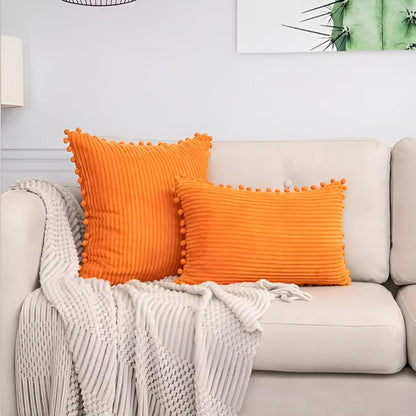 Cushion Cover Plush Ribbed Pom-Pom Trim Machine Washable