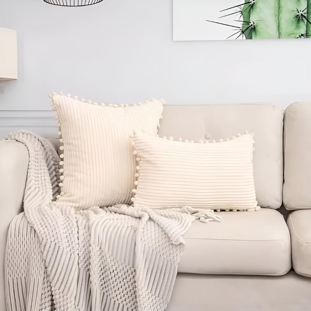 Cushion Cover Plush Ribbed Pom-Pom Trim Machine Washable