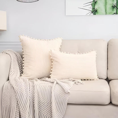 Cushion Cover Plush Ribbed Pom-Pom Trim Machine Washable