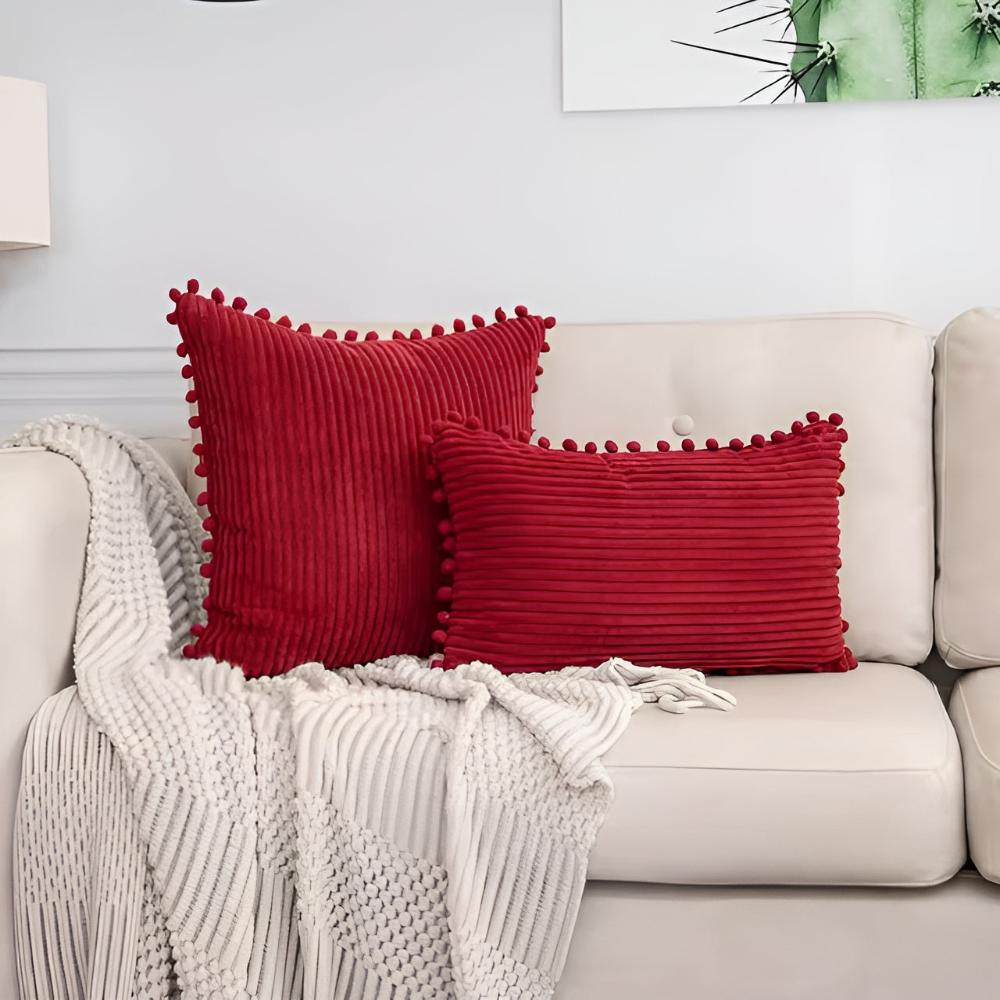 Cushion Cover Plush Ribbed Pom-Pom Trim Machine Washable
