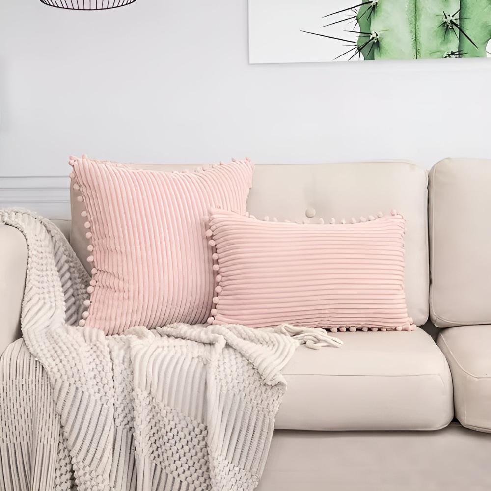 Cushion Cover Plush Ribbed Pom-Pom Trim Machine Washable