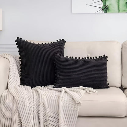Cushion Cover Plush Ribbed Pom-Pom Trim Machine Washable