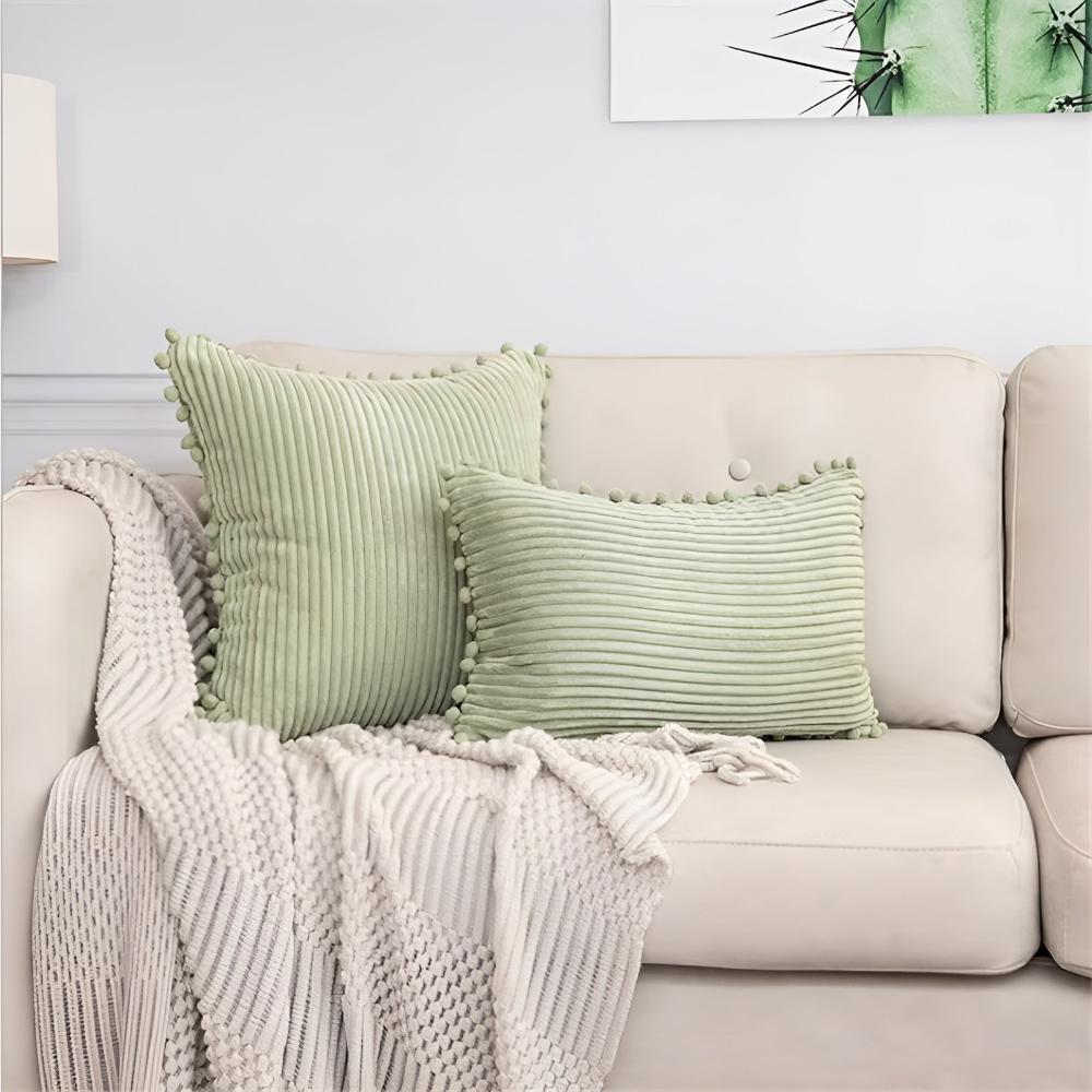 Cushion Cover Plush Ribbed Pom-Pom Trim Machine Washable