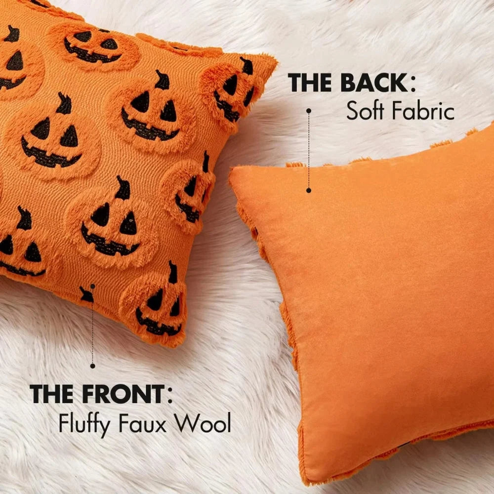Cushion Cover Pumpkin Print Faux Fleece Machine Washable