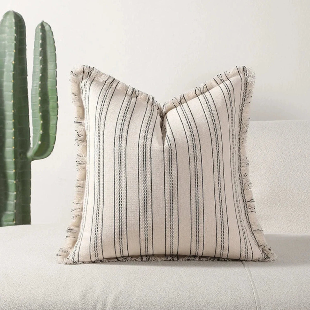 Cushion Cover Scandi Stripe Jacquard Fringed Edges
