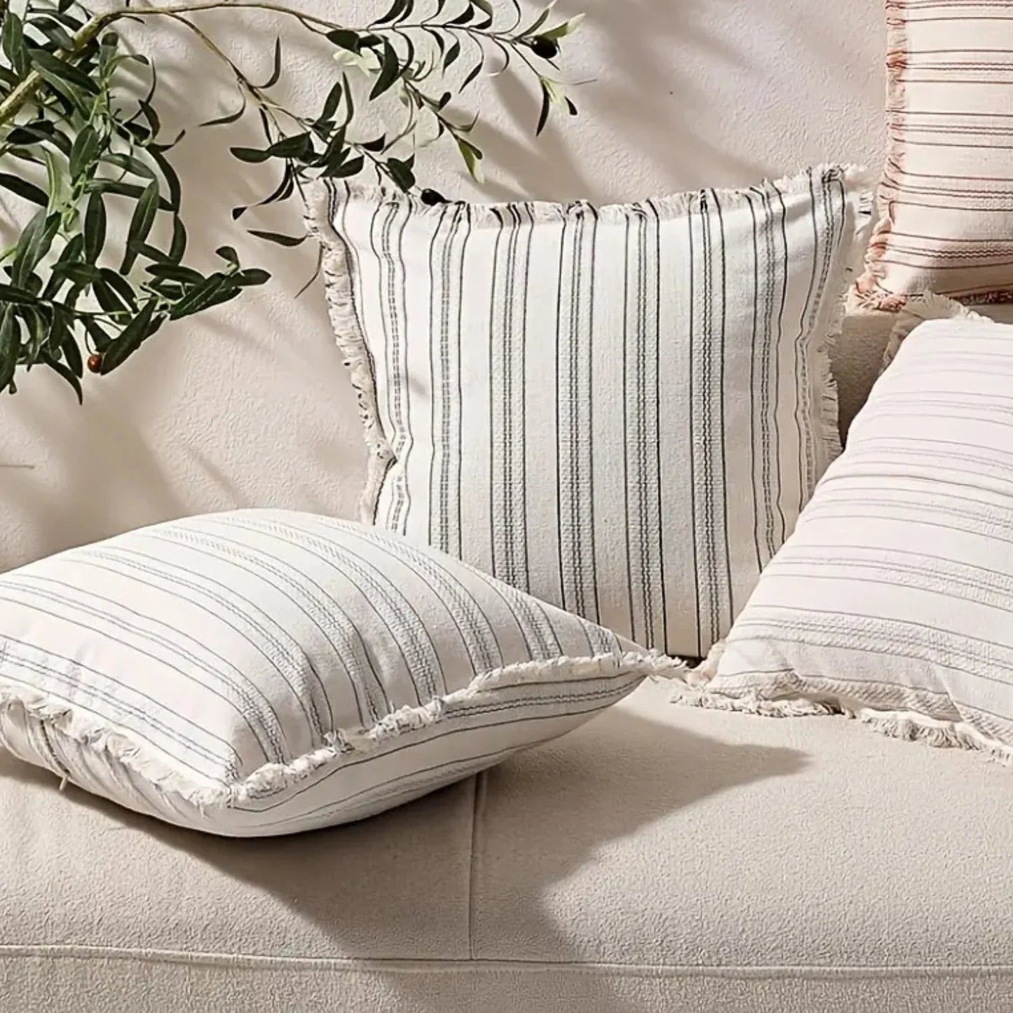Cushion Cover Scandi Stripe Jacquard Fringed Edges