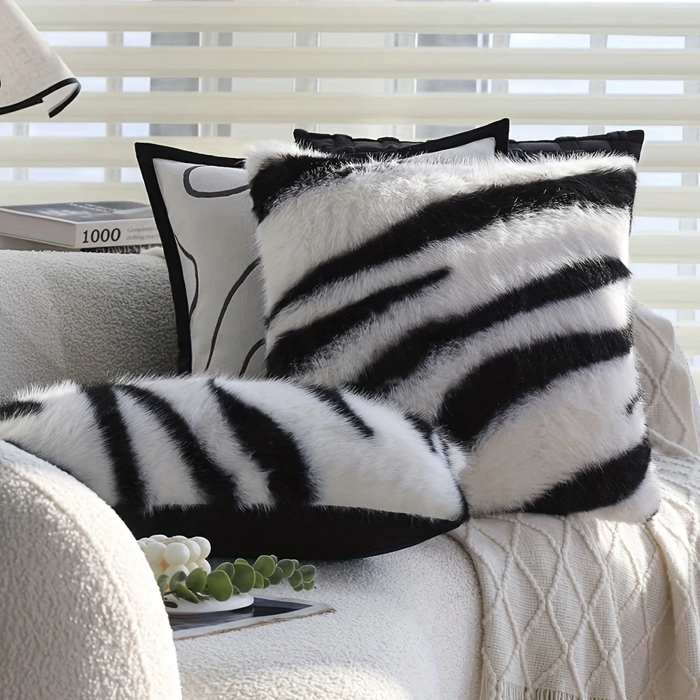 Cushion Cover Striped Faux Fur Hidden Zipper