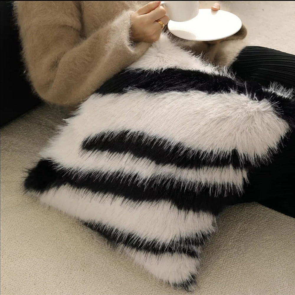 Cushion Cover Striped Faux Fur Hidden Zipper