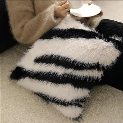 Cushion Cover Striped Faux Fur Hidden Zipper