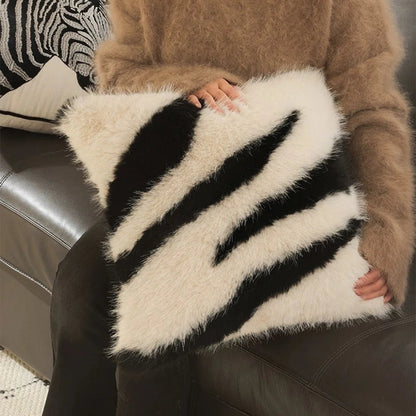 Cushion Cover Striped Faux Fur Hidden Zipper