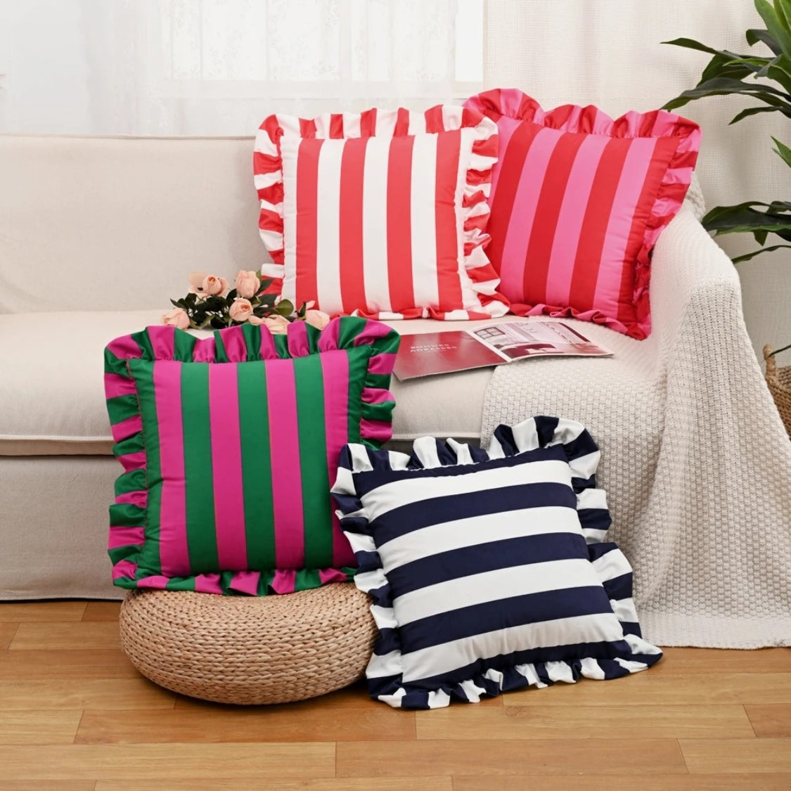 Cushion Cover Striped Ruffle Microfiber Blend