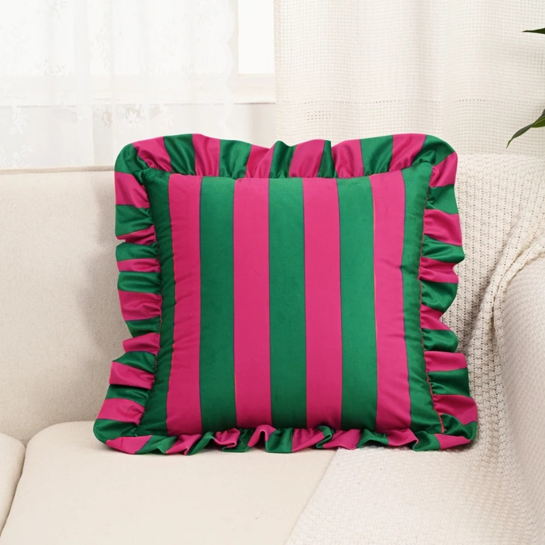 Cushion Cover Striped Ruffle Microfiber Blend
