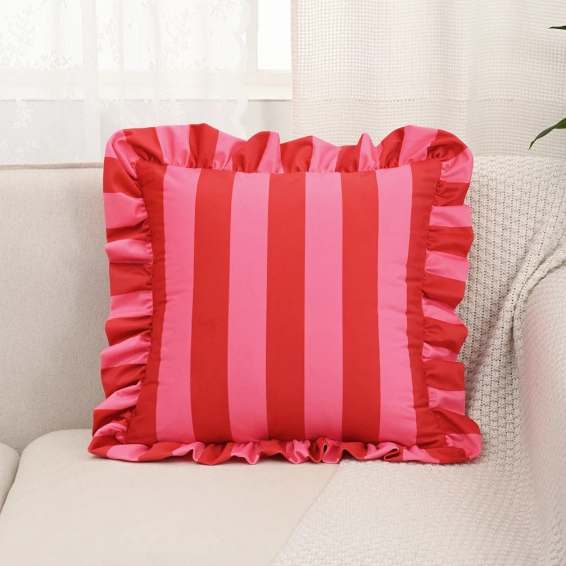 Cushion Cover Striped Ruffle Microfiber Blend