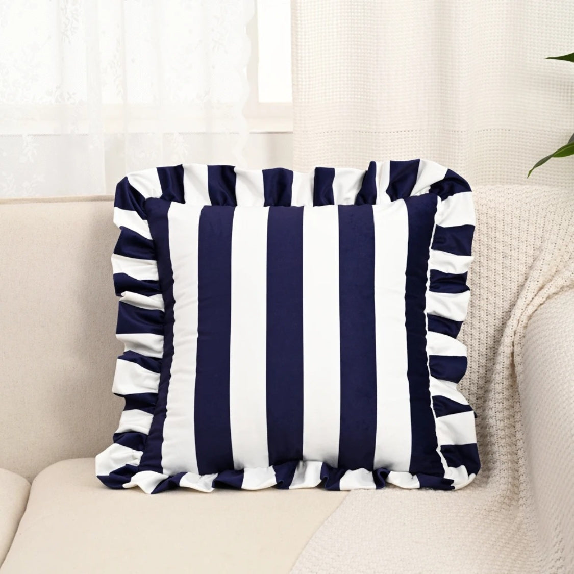 Cushion Cover Striped Ruffle Microfiber Blend