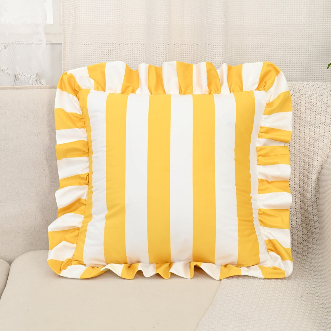 Cushion Cover Striped Ruffle Microfiber Blend