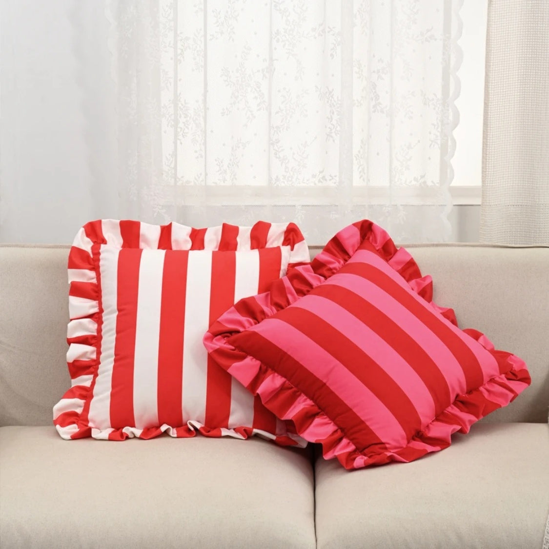 Cushion Cover Striped Ruffle Microfiber Blend