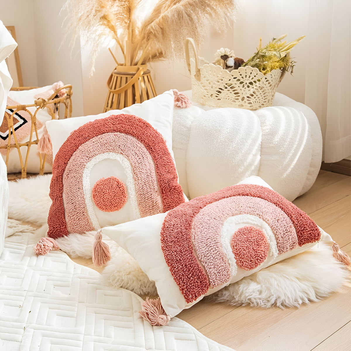 Cushion Cover Tufted Embroidered Cotton Rainbow Motif