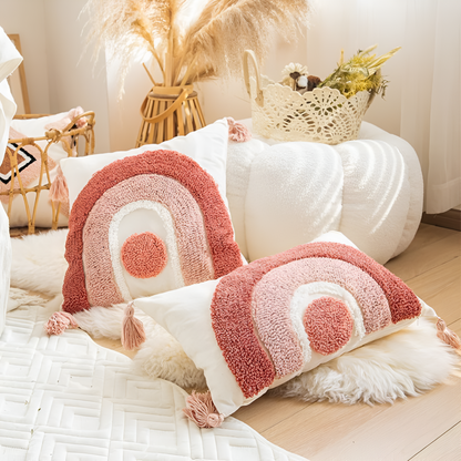 Cushion Cover Tufted Embroidered Cotton Rainbow Motif