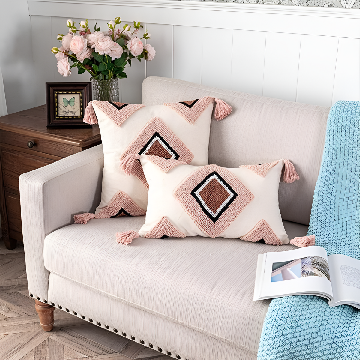 Cushion Cover Tufted Embroidered Cotton Rainbow Motif