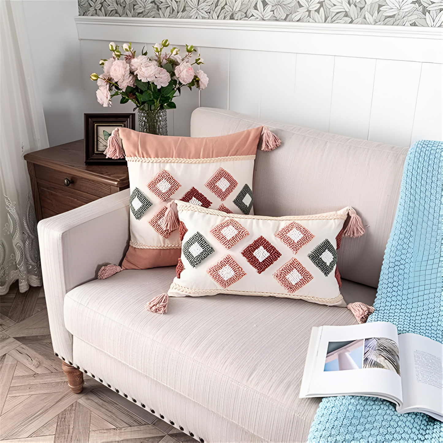 Cushion Cover Tufted Embroidered Cotton Rainbow Motif
